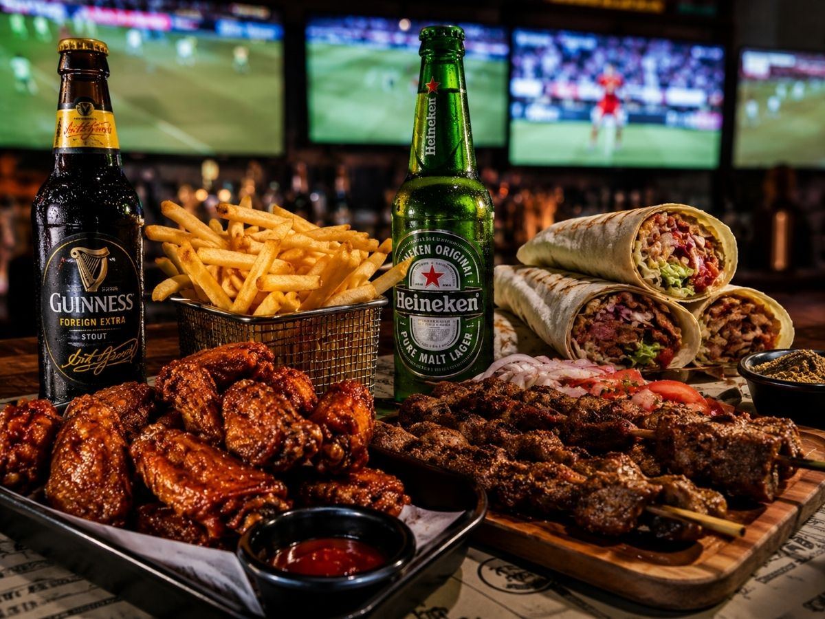 Suya skewers, wings, shawarma and chips with Guinness and Heineken at Quarry Sports Bar, screens showing football behind